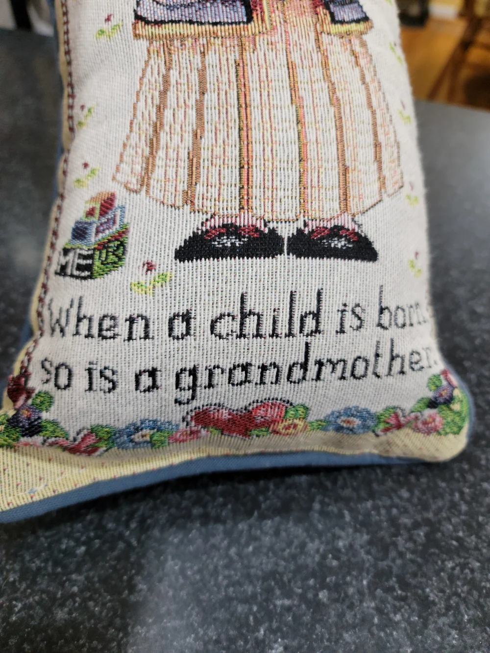 Vintage-Style Embroidered Grandmother Pillow - Cream & Blue